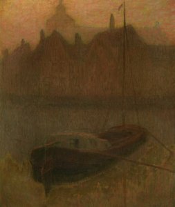 Båd på kanalen (morgen) (olie på lærred) af Henri Eugene Augustin Le Sidaner