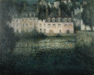 Hus ved floden i måneskin; Hus ved Moonlight River, Quimperle af Henri Eugene Augustin Le Sidaner