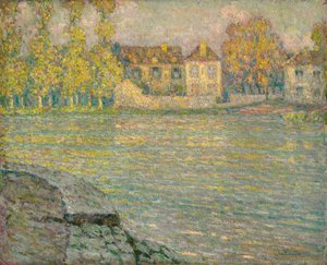 Huse ved floden ved solnedgang, Moret; Huse ved floden ved solnedgang, Moret af Henri Eugene Augustin Le Sidaner