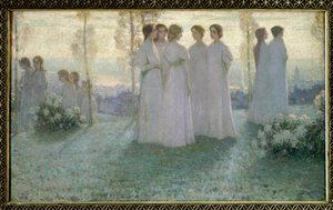I søndags taler kvinde klædt i hvidt i en have - Maleri af Henri Eugene (Henri-Eugene) Le Sidaner (1862-1939) af Henri Eugene Augustin Le Sidaner