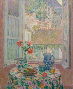 Bord med udsigt over gården - Maleri af Henri Le Sidaner (1862-1939) af Henri Eugene Augustin Le Sidaner
