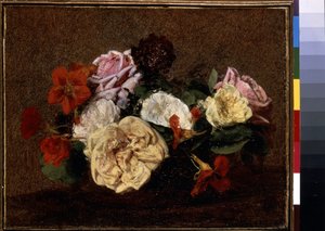 Roser og Nasturtiums i en vase. Maleri af Henri Fantin-Latour (Fantin Latour af Ignace Henri Jean Fantin Latour