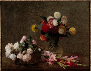 Dahliaer og roser i en kurv Maleri af Henri Fantin Latour (Fantin-Latour af Ignace Henri Jean Fantin Latour
