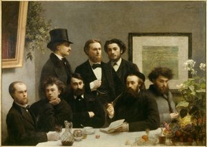Bordhjørne Repræsentation af et møde mellem, fra venstre mod højre, Paul Verlaine, Arthur Rimbaud, Elzear Bonnier, Leon Valade, Emile Blemont, Jean Aicart, Ernest d
