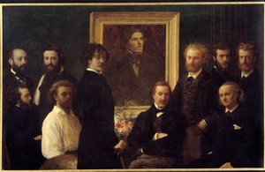 Hyldest til Eugene Delacroix. De repræsenterede personer er Louis Edmond Duranty (bogstavernes mand), James Abbott Mac Neill Whistler (maler), Champfleury, Jules Husson (bogstavernes mand), Edouard Manet, Charles Baudelaire, Louis Cordier, Alphonse Legros  af Ignace Henri Jean Fantin Latour