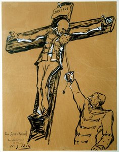 Satire over Dreyfus-affæren: "" Kaptajn Dreyfus og general Mercier (1833-1921): krigsministeren, der dømte Dreyfus, i stedet for den romerske soldat, rækker en svamp til kaptajn Dreyfus korsfæstes, så han tørrer sit ansigt" ” Kinesisk blæk og gouac af Henri Gabriel Ibels