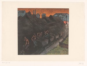 Fire minearbejdere skovler kul i vogne Au parc de charbon Forestillinger af Théâtre Libre (serietitel) Les Programs du Théâtre Libre (serietitel) af Henri Gabriel Ibels