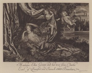 Nell Gwyn og hendes to sønner, Charles, Earl of Burford, og James, Lord Beauclerk (gravering)