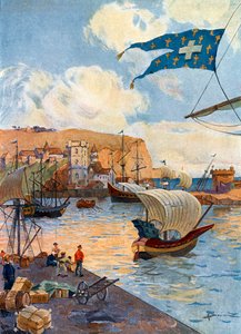 Udsigt over byen Dieppe i Normandiet på tidspunktet for den franske opdagelsesrejsende Jean Cousin, slutningen af det 15. århundrede Illustration af Gaston Henry Darien (1864-1926) fra "Notre epopee coloniale" af Pierre Legendre