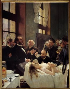 Dr. Jules Emile (Jules-Emile) Pean (1830-1898) underviser på Saint Louis hospital i sin opdagelse af, at skibe klemmes eller "" Før operationen"" Maleri af Henri Gervex (1852-1929) 1887 Søn. 2,42x1,88 m Paris, musee d