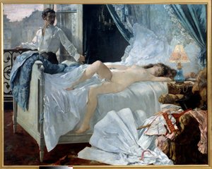 Rolla. Et par i et soveværelse, kvinden sover nøgen, og manden kigger på hende ved vinduet. Maleri af Henri Gervex (1852 - 1929). 1878. Dim. 1,75 x 2,20 m Musee des Beaux Arts de Bordeaux - Rolla. Et par i et soveværelse, kvinden sover og na