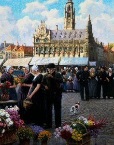 Blomstermarkedet i Middelburg (olie på lærred) af Henri Houben