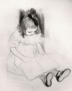 Pige læser (farveblyant på papir) af Henri Jacques Edouard Evenepoel
