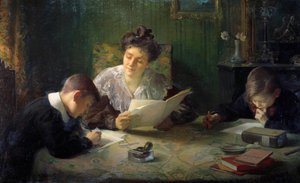 Lektier En mor hjælper børn med at lave deres lektier. Maleri af Henri Jamet (1858-1940) Orleans fra det 20. århundrede, Musee des Beaux Arts af Henri Jamet