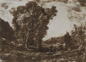 To bådsmænd i en mose nær en klynge træer, ca. 1857.