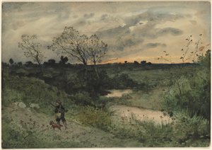 Dawn - Jæger med hund af Henri-Joseph Harpignies