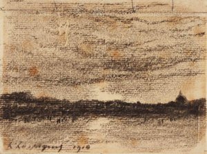 Solnedgang Landskab med udsigt over vand mod en by af Henri Joseph Harpignies