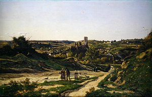 Slottet og landsbyen Herisson af Henri-Joseph Harpignies