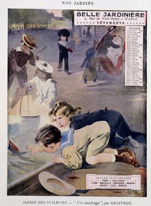 Børn, der leger både ved Tuileries Garden af Jean Geoffroy (1853-1924), kalender "" Belle Jardiniere"", serie "" Nos Jardins"", oktober, n.d. v.1900.