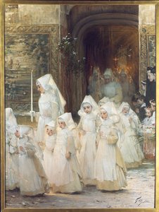 Procession af unge piger på konfirmationsdagen, L"hopital de Beaune, 1906 af Henri Jules Jean Geoffroy