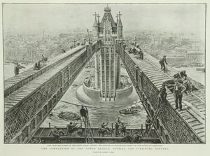 Færdiggørelsen af Tower Bridge: at lægge sidste hånd, fra The Graphic, 23. juni 1894 (gravering)