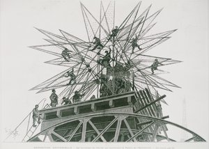 Universel udstilling af 1900: Installation af stjernen på toppen af Palace of Electricity (gravering)