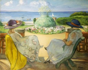 To unge kvinder på en terrasse ved havet; To unge piger på en terrasse mod havet, 1922 af Henri Lebasque