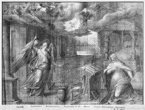Kristi liv, Bebudelsen, forberedende studie til tapettegning til kirken Saint-Merri i Paris, ca.1585-90 (pierre noire und wash und white highlights on paper)