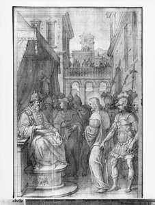 Livet om Kristus, Kristus før Herodes, forberedende studie af billedtæppe tegneserie for kirken Saint-Merri i Paris, ca. 1585-90 (pierre noire und wash und hvide højlys på papir) af Henri Lerambert