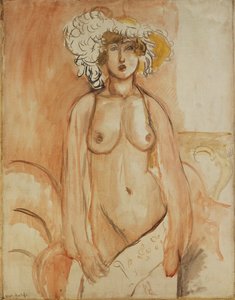 Antoinette Standing, Torso Bared, Wearing a Feather Hat, ca. 1918 (olie på lærred) af Henri Matisse