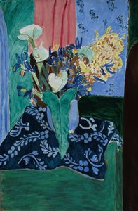Arum, iris og mimosas (blomster i en blå vase på en blå dug) af Henri Matisse