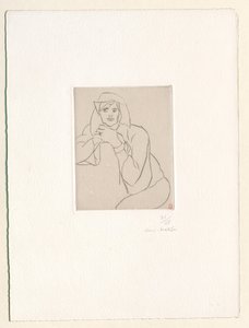 Ung kvinde med hænderne foldet på ryglænet af et møbel af Henri Matisse