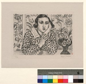 Ung pige lænet mod skærmen: ung pige med en blomsterbuket af Henri Matisse