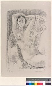 Siddende nøgenmodel i en lænestol med blomsterdekoration af Henri Matisse