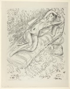 Nøgen hviler på en chaiselong med mashrabiya-baggrund af Henri Matisse