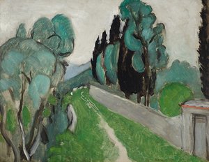 Paysage avec cyprès et oliviers aux environs de Nice, ca. 1918 (olie på plade lagt ned på panel)