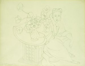Siddende kvinde med en vase med tulipaner af Henri Matisse