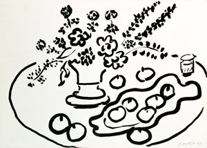 Stilleben med vase med blomster og tallerken med frugt af Henri Matisse
