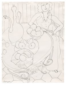 Kvinde sidder ved et bord med frugt og kande af Henri Matisse