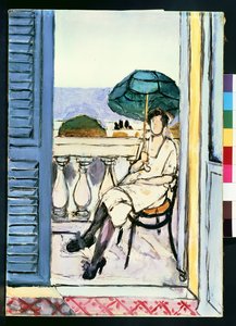 Kvinde med grøn parasol på en balkon af Henri Matisse
