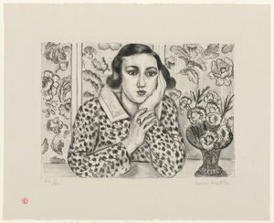 Ung pige læner sig op ad blomstret skærm af Henri Matisse