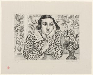 Ung pige, der læner sig op ad et blomstret skærmvæg af Henri Matisse