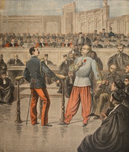 Oberst Henry og oberstløjtnant Picquart taler for Court of Assisses, illustration fra 