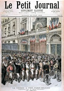 Start på folkemængden, der deltager i Paris - Belfort-løbet arrangeret af PetitJournal - i "" Le petit journal""" af 18/06/1892. af Henri Meyer