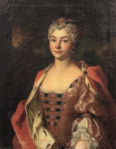 Portræt af en adelskvinde i halvfigur, iført en lyserød kjole og en hermelinkantet kappe af Henri Millot