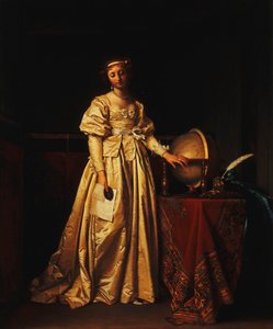 En dame i et interiør, i en gul satinkjole, med en globus på et bord ved siden af sig, sørger over sin mands fravær, af Henri Nicolas van Gorp