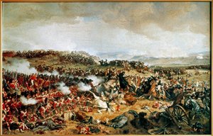 Slaget ved Waterloo 1815 - Franske kyrassierer angriber skotske højlændere i firkantet ... (maleri på lærred)