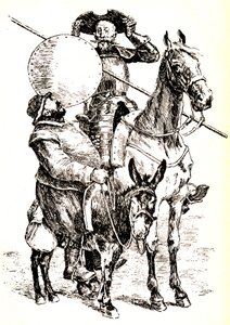 Don Quijote på sin hest, ved siden af Sancho på sit æsel
