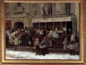 Kommunal kantine under Paris-belejringen i 1870 pariserne travler foran en kommunal kantine på tidspunktet for preussernes belejring af byen. Maleri af Henri Pille (1844-1897)