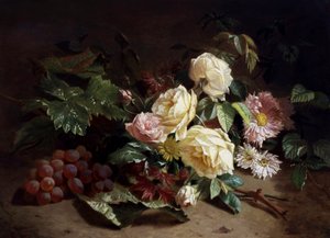 Stilleben med sommerblomster og vindruer. Maleri af Henri Robbe (1807-1899) Privat samling. af Henri Robbe